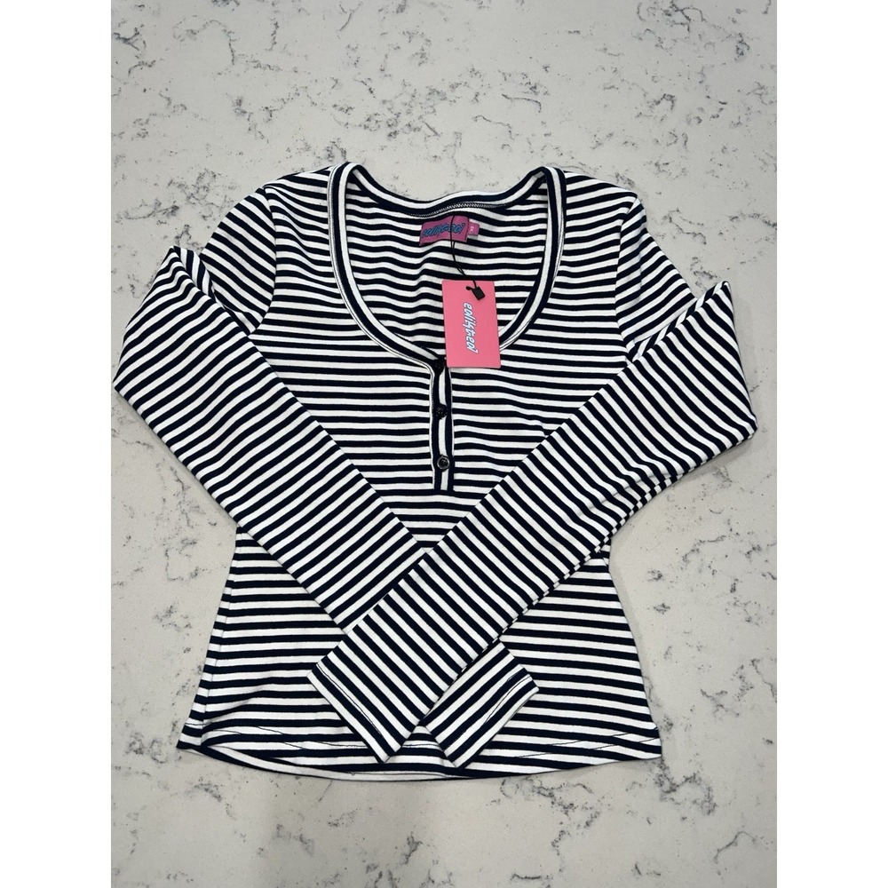 Edikted Women's XS Slim Fit Navy & White Knit Long Sleeve Henley Tee
